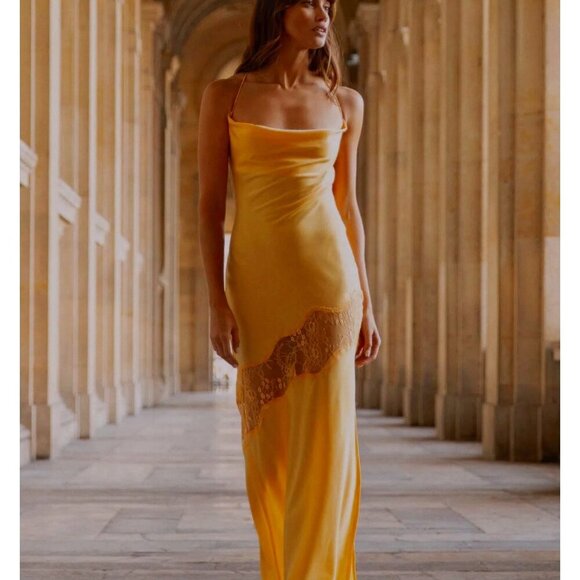 Meshki Chandra Lace Detail Satin Maxi Dress Lemon Size XXL Event Formal Wedding - Picture 1 of 13